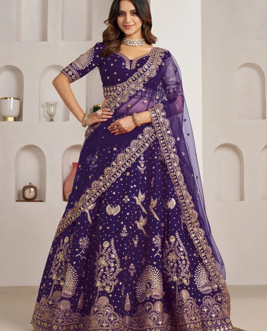 PURPLE - Diamond, Embroidered, Sequins and Zari Work Silk Lehenga Choli In Purple for Engagement